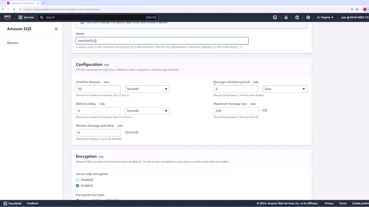 The image shows the Amazon SQS (Simple Queue Service) interface for creating a new queue, with configuration options for visibility timeout, message retention, delivery delay, and encryption settings.