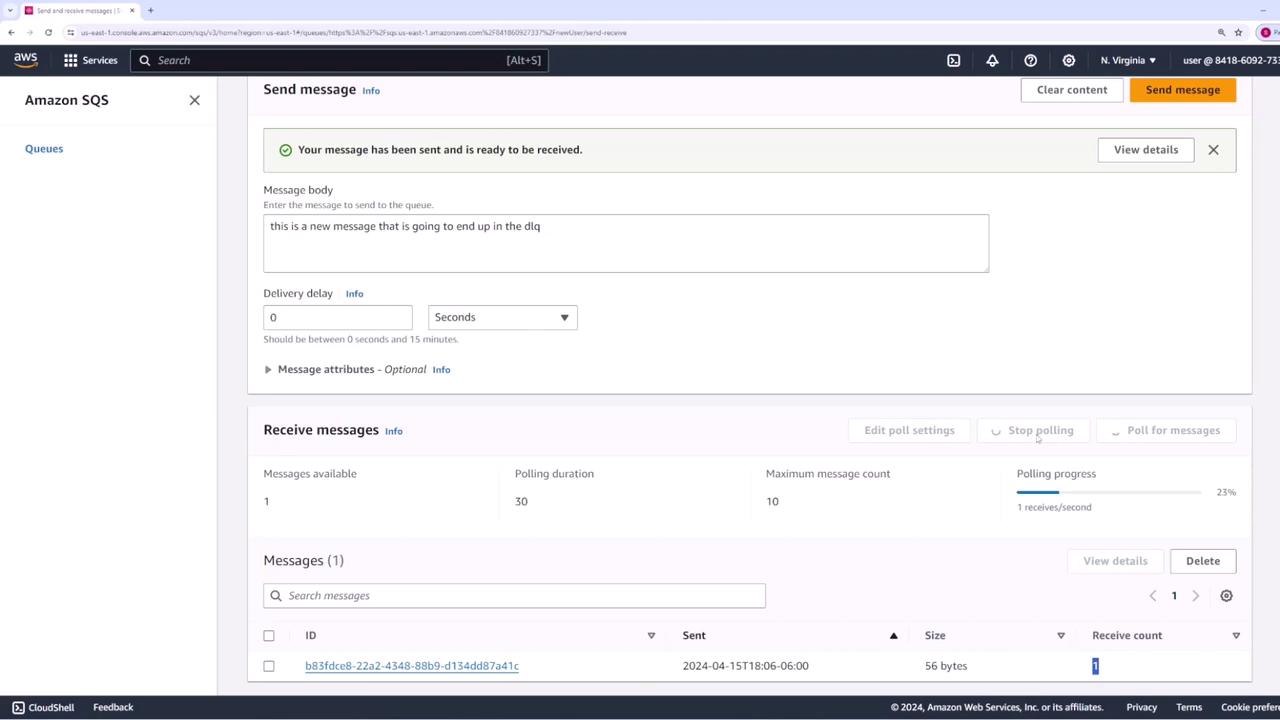 The image shows an Amazon SQS interface where a message has been sent and is ready to be received. It includes details about the message body, delivery delay, and message attributes, along with options for receiving messages.