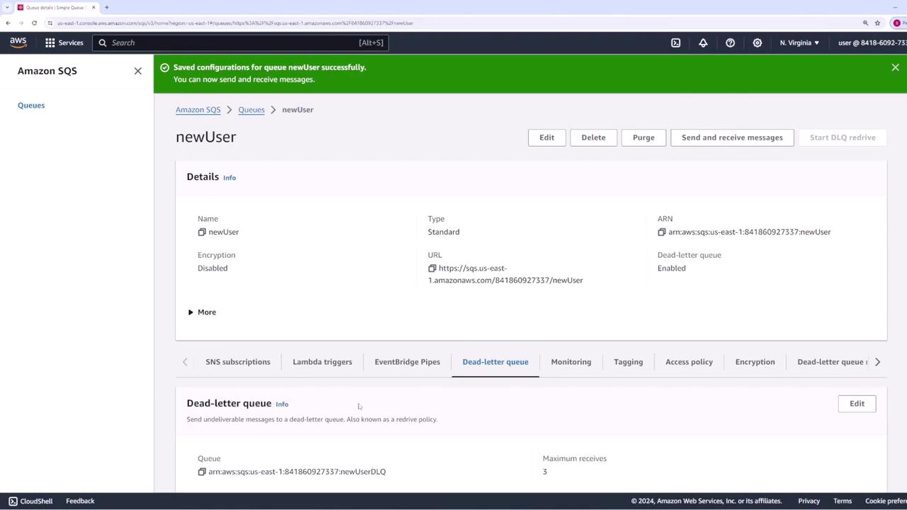 The image shows an Amazon SQS (Simple Queue Service) dashboard with details of a queue named "newUser," including its type, URL, and dead-letter queue settings.