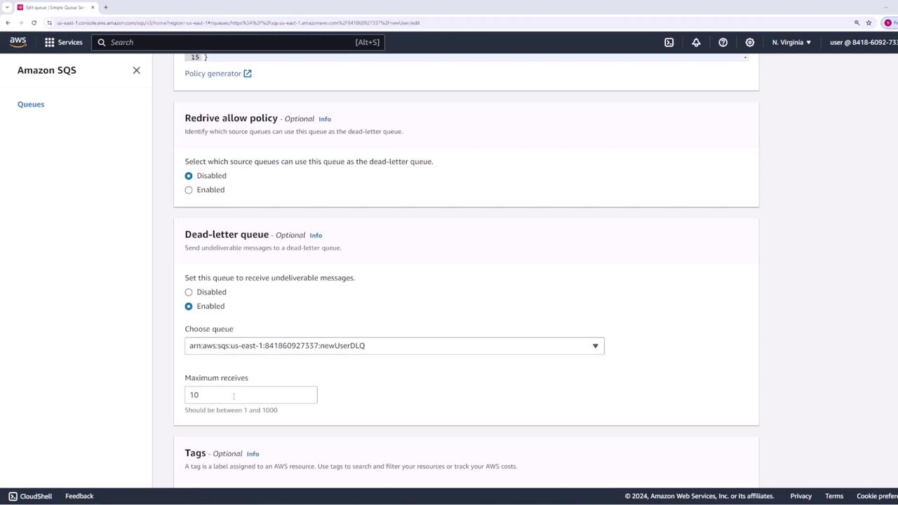 The image shows an Amazon SQS (Simple Queue Service) configuration screen, where options for "Redrive allow policy" and "Dead-letter queue" are being set, with fields for enabling these features and specifying queue details.