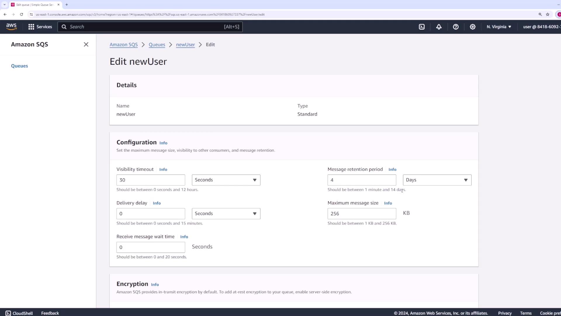 The image shows the Amazon SQS (Simple Queue Service) interface where a user is editing the configuration settings for a queue named "newUser," including visibility timeout, message retention period, and encryption options.