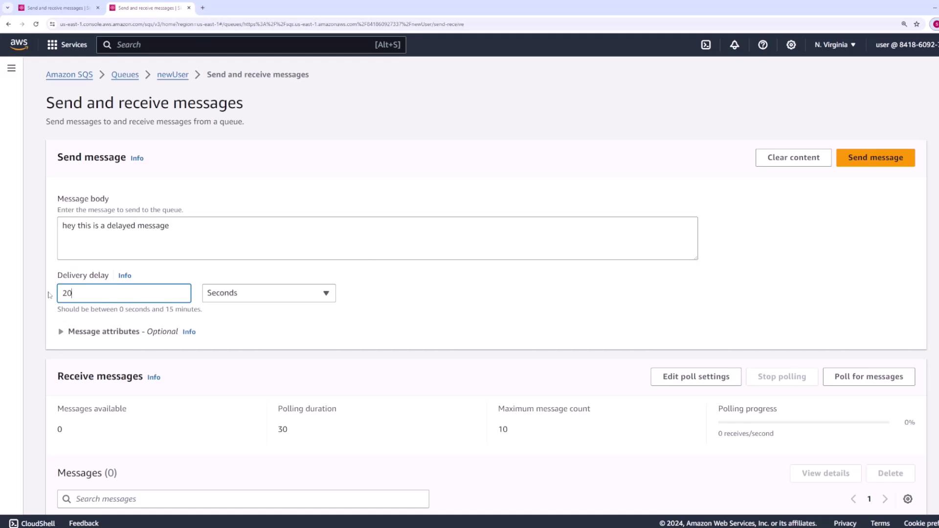 The image shows an AWS SQS console interface for sending and receiving messages, with a message body and delivery delay settings. The message "hey this is a delayed message" is set with a 20-second delay.