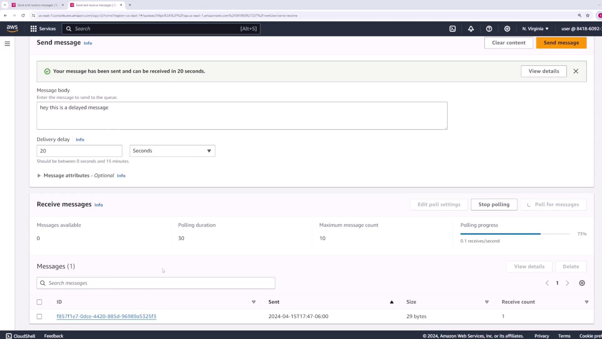 The image shows an AWS SQS console where a delayed message is being sent with a 20-second delivery delay. It also displays the message receiving section with polling settings and message details.