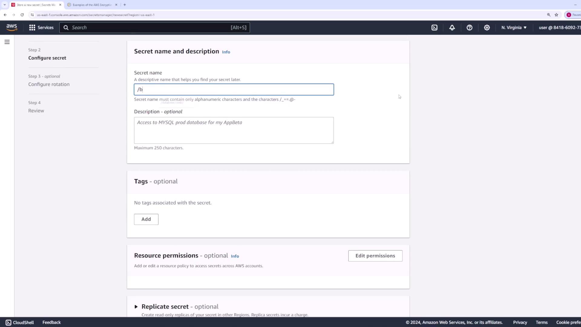 The image shows an AWS Secrets Manager interface where a user is configuring a secret, including fields for the secret name, description, tags, and resource permissions.