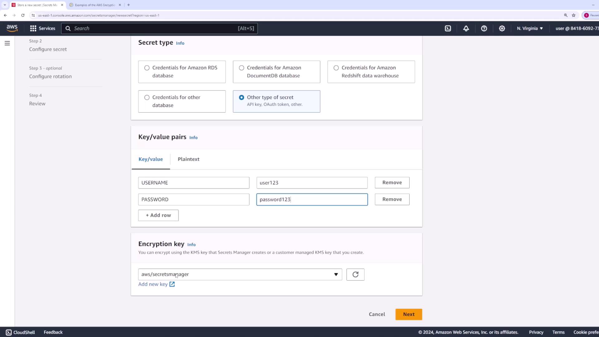 The image shows an AWS Secrets Manager interface where a user is configuring a secret with key/value pairs for a username and password.