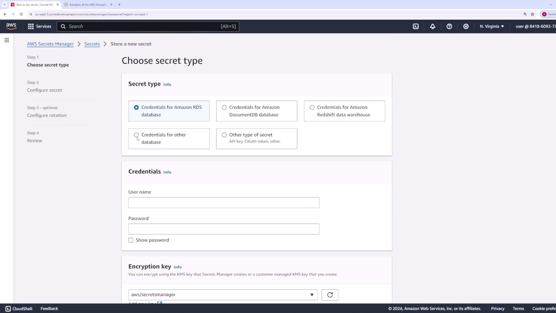 The image shows the AWS Secrets Manager interface where a user can choose a secret type, such as credentials for Amazon RDS, and enter credentials like username and password.