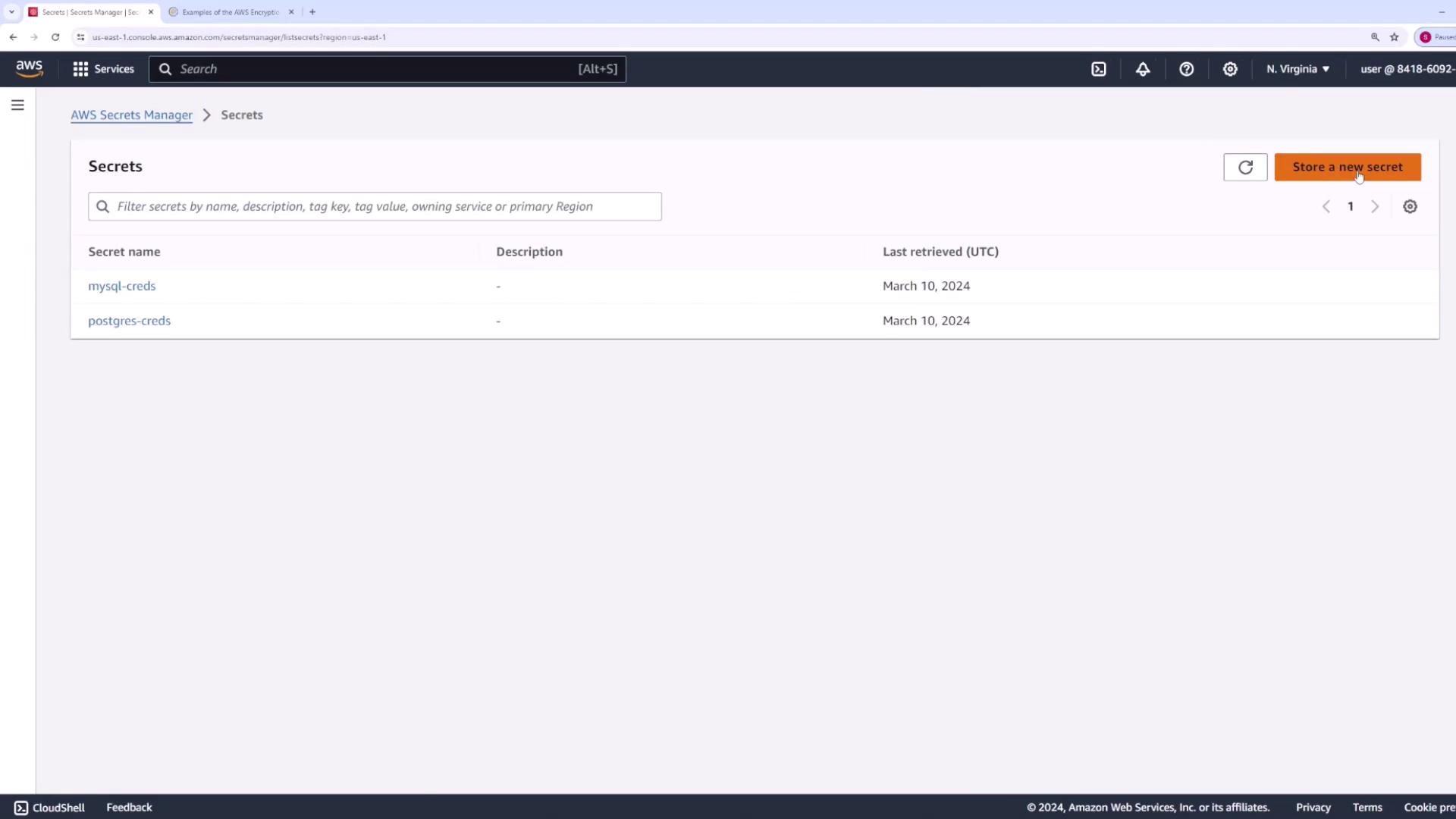 The image shows the AWS Secrets Manager interface with two secret names listed: "mysql-creds" and "postgres-creds," both last retrieved on March 10, 2024. There's an option to store a new secret.