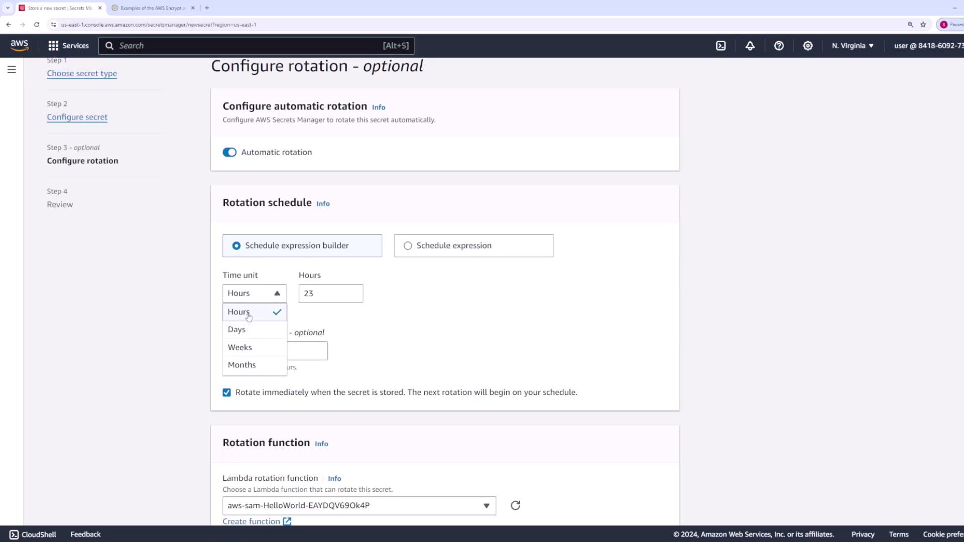 The image shows an AWS Secrets Manager interface for configuring automatic rotation of secrets, including options for setting a rotation schedule and selecting a Lambda rotation function.