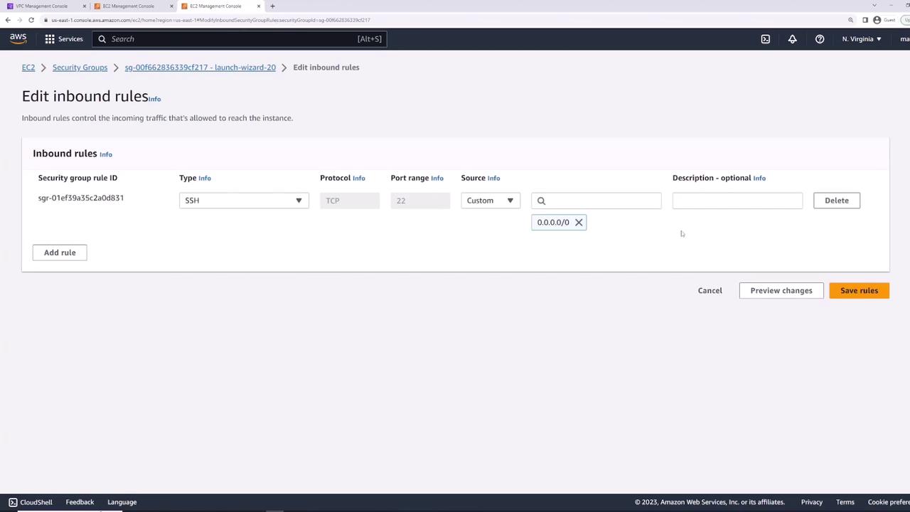 The image shows the AWS EC2 Management Console, specifically the "Edit inbound rules" section for a security group, with an SSH rule allowing traffic from any IP address.