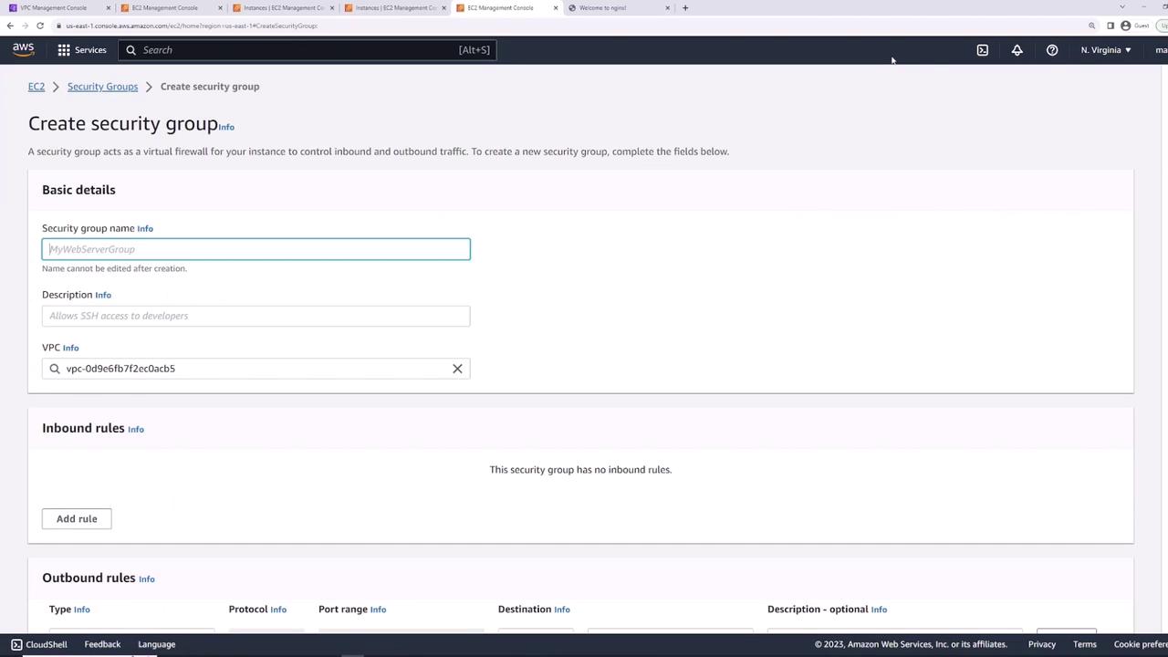 The image shows the AWS Management Console interface for creating a new security group in EC2, with fields for entering the security group name, description, and VPC, along with sections for inbound and outbound rules.