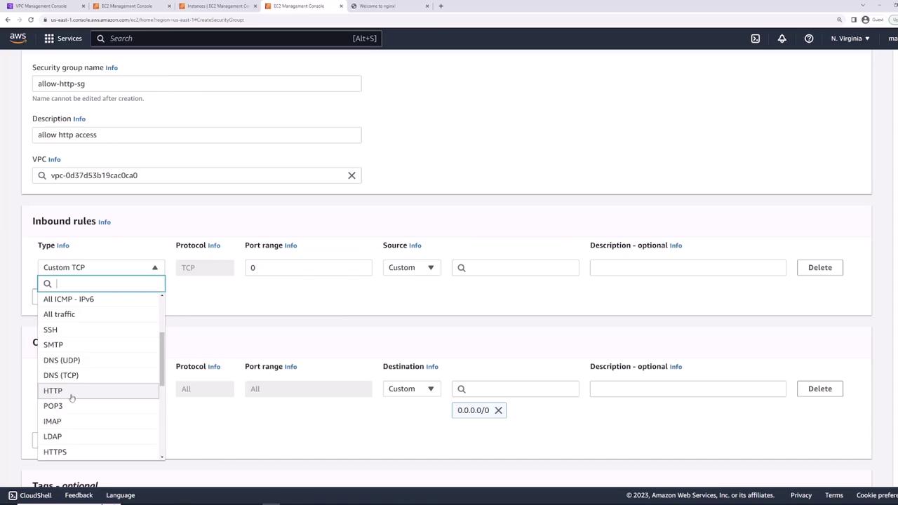The image shows the AWS EC2 Management Console, specifically the security group settings where inbound rules are being configured. The user is selecting HTTP from a dropdown menu to allow HTTP access.