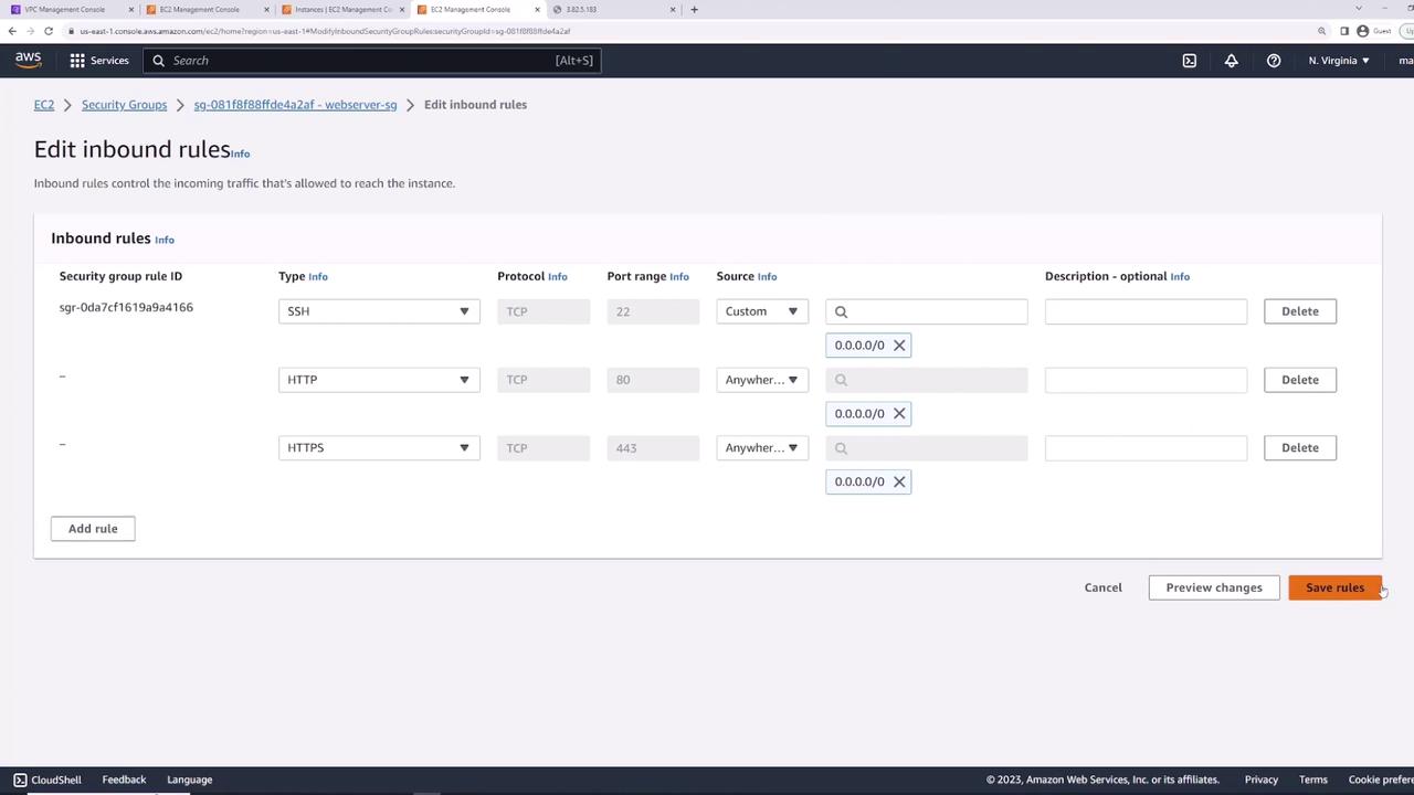 The image shows an AWS EC2 security group settings page where inbound rules are being edited, allowing SSH, HTTP, and HTTPS traffic from any IP address.