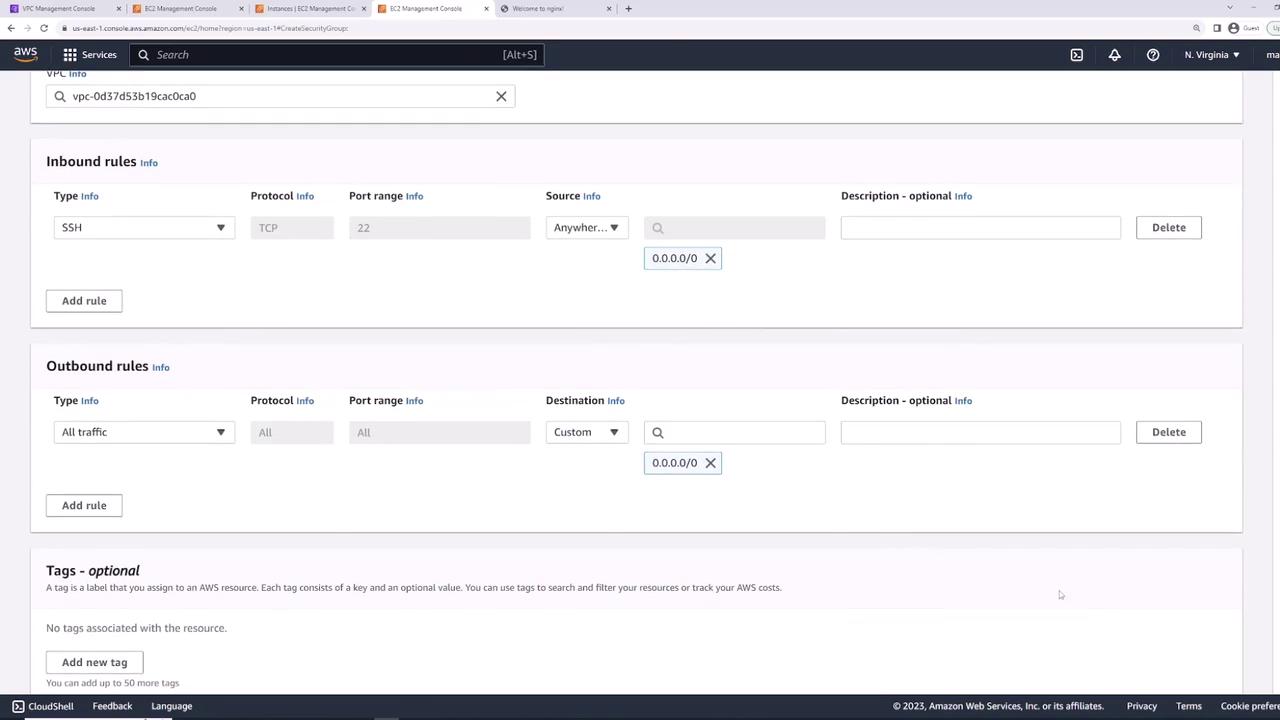 The image shows the AWS EC2 Management Console screen displaying security group settings with inbound and outbound rules. The inbound rule allows SSH access from anywhere, and the outbound rule allows all traffic.