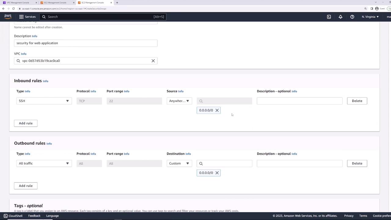 The image shows an AWS EC2 Management Console screen displaying security group settings, with inbound rules allowing SSH access from any IP and outbound rules allowing all traffic.