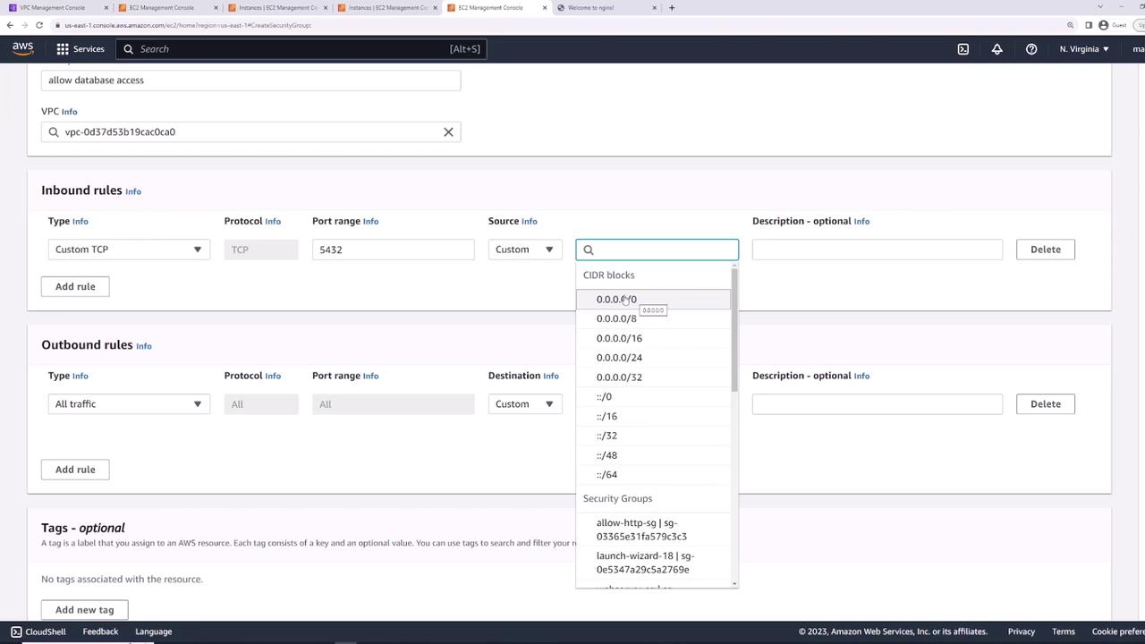 The image shows an AWS Management Console screen, specifically the security group settings for configuring inbound and outbound rules, with options for setting protocol, port range, and source or destination.