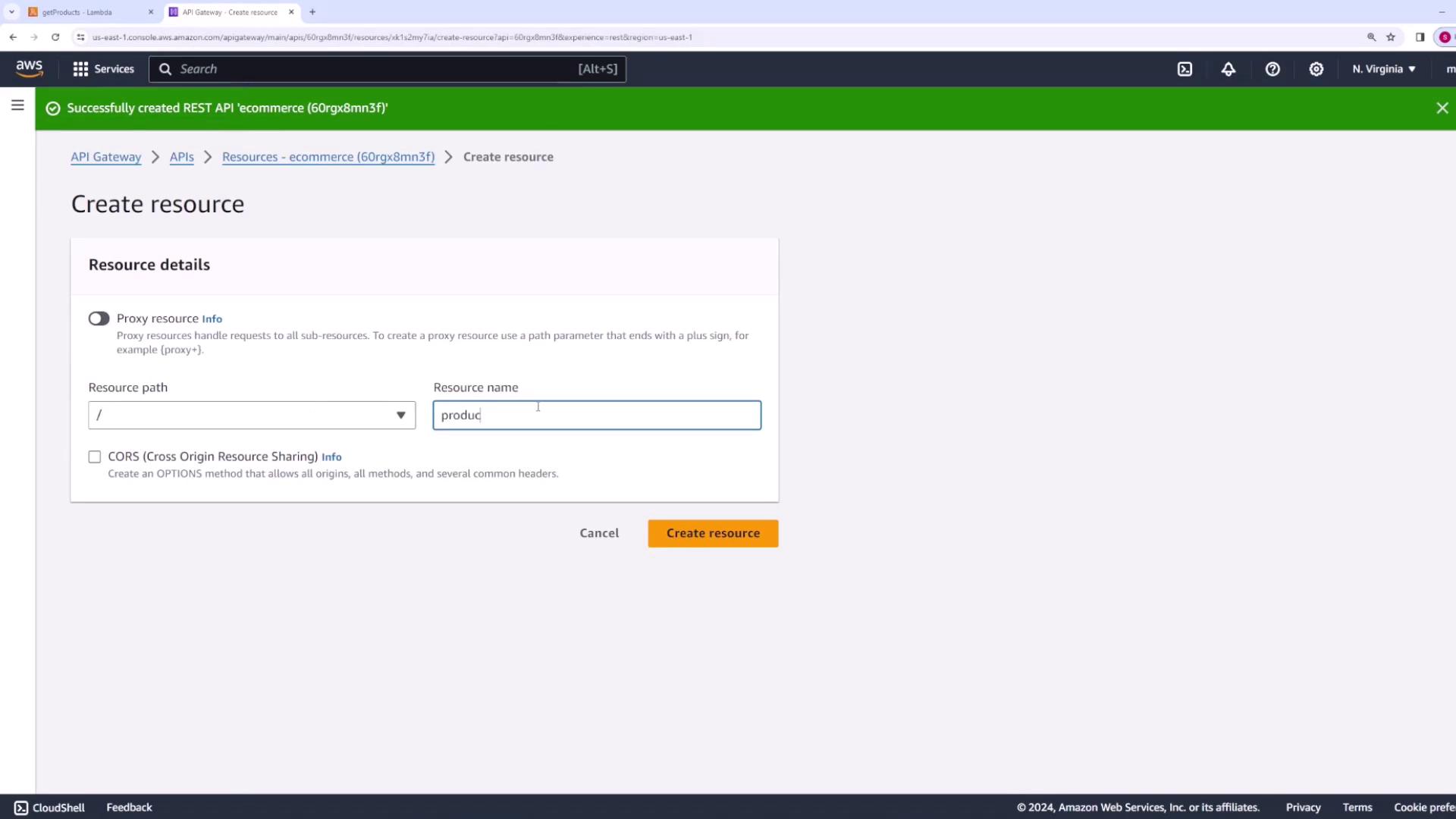 The image shows an AWS API Gateway interface where a user is creating a new resource named "product" with options for proxy resource and CORS.