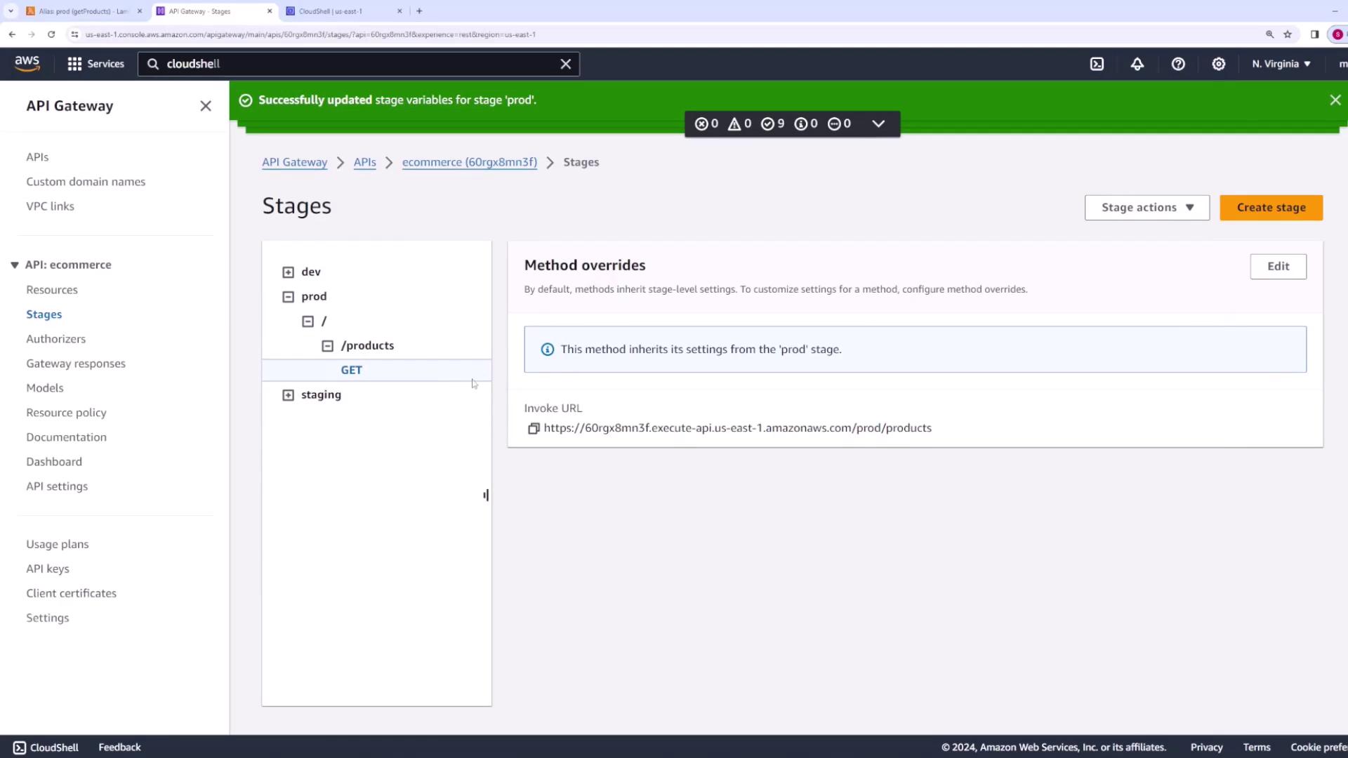 The image shows an AWS API Gateway console with stages for an "ecommerce" API, highlighting the "prod" stage and a GET method for the "/products" endpoint.