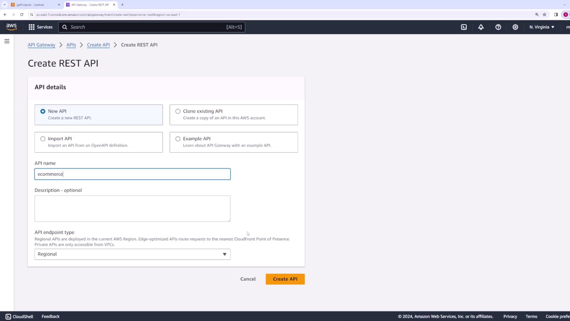 The image shows the AWS API Gateway interface for creating a REST API. The "New API" option is selected, and the API name is set to "ecommerce."