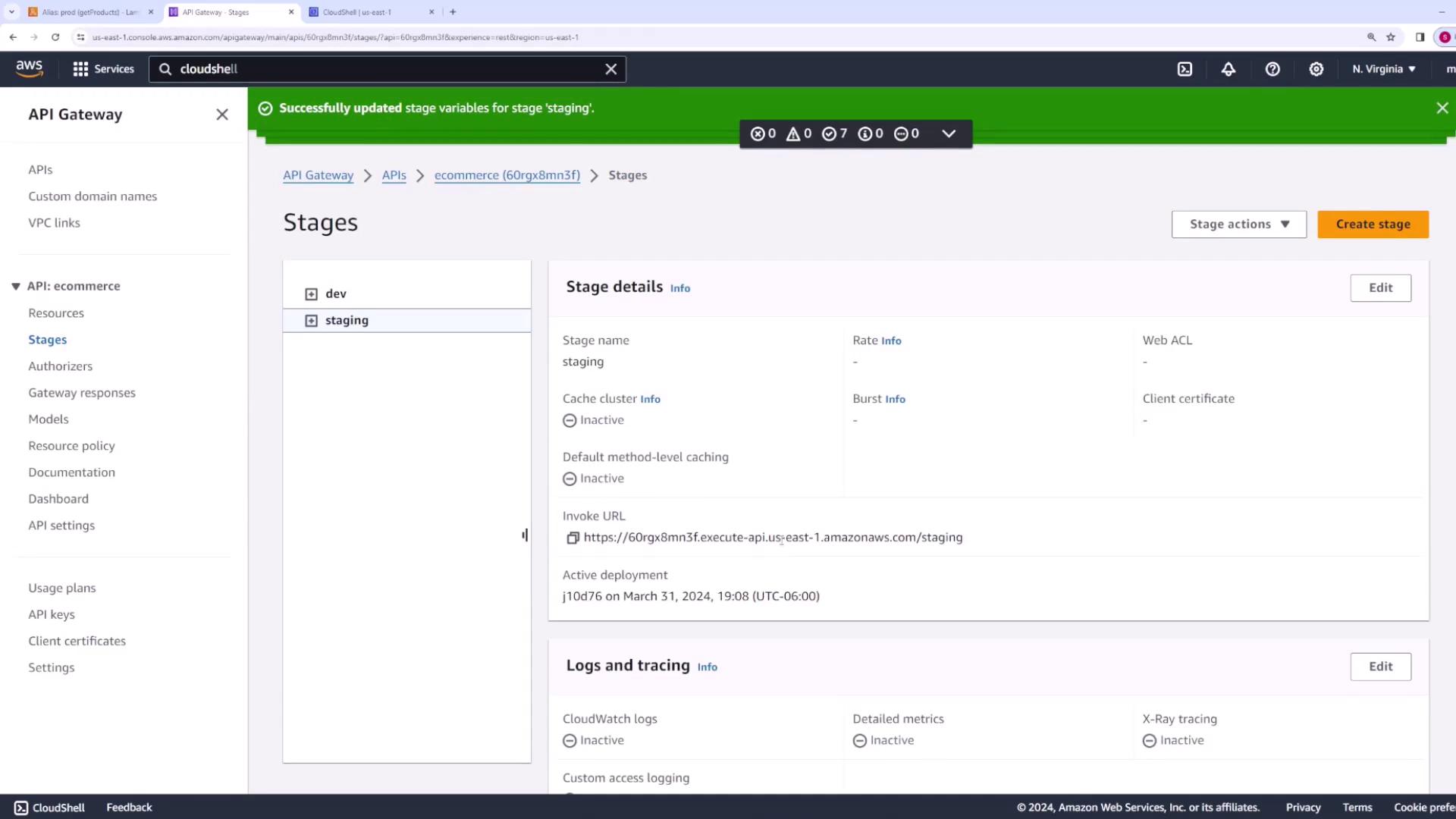 The image shows an AWS API Gateway console with details of the "staging" stage for an API named "ecommerce." It includes stage details like the invoke URL and deployment information.
