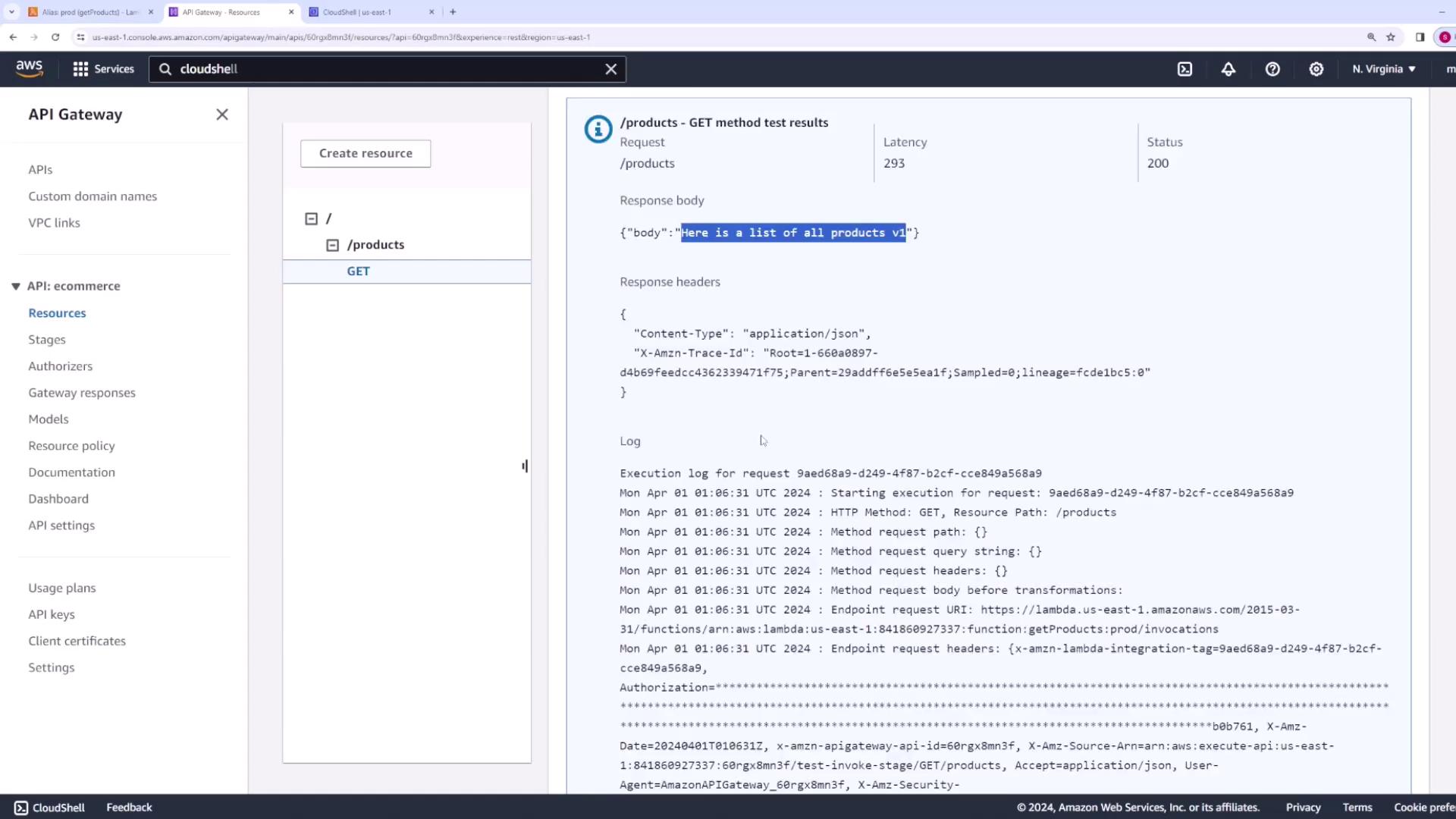 The image shows an AWS API Gateway interface with a GET request to the "/products" endpoint, displaying a response body that lists all products. The response includes headers and a log of the request execution.