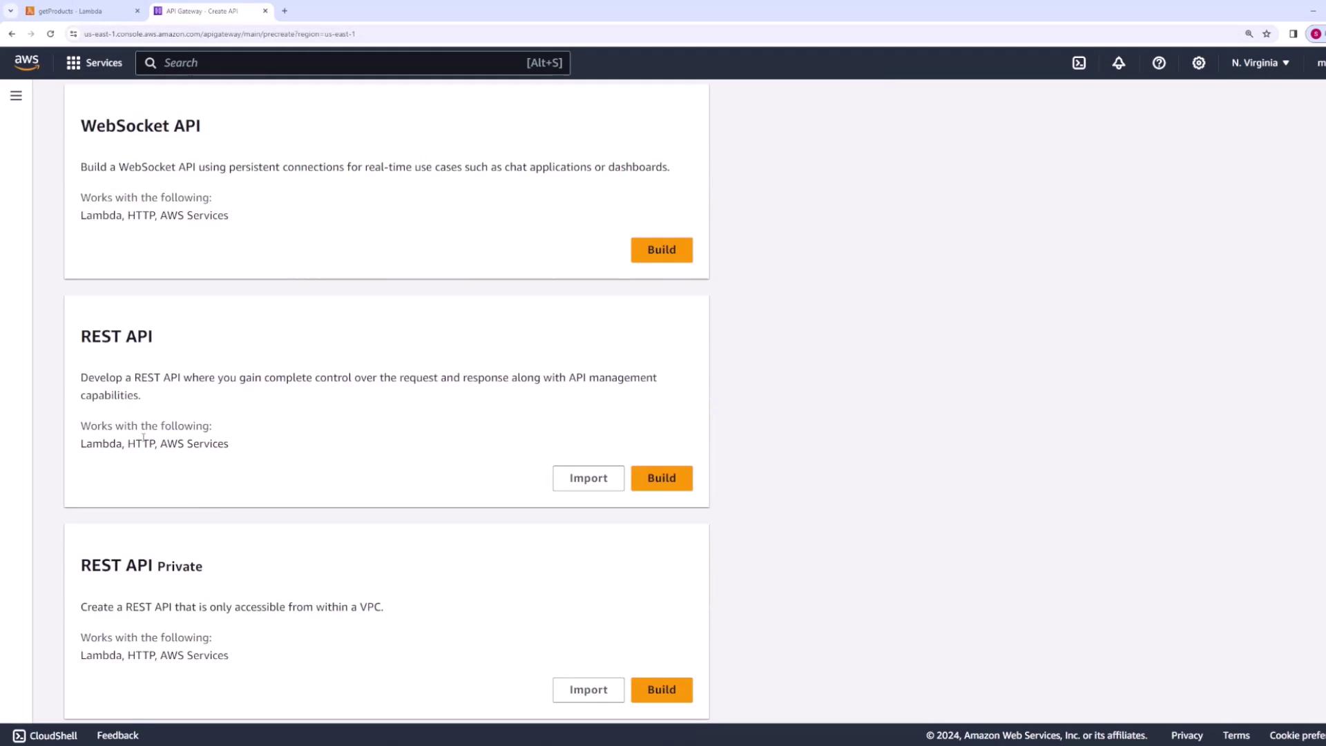 The image shows an AWS API Gateway interface with options to build WebSocket API, REST API, and REST API Private, each with corresponding "Build" buttons.