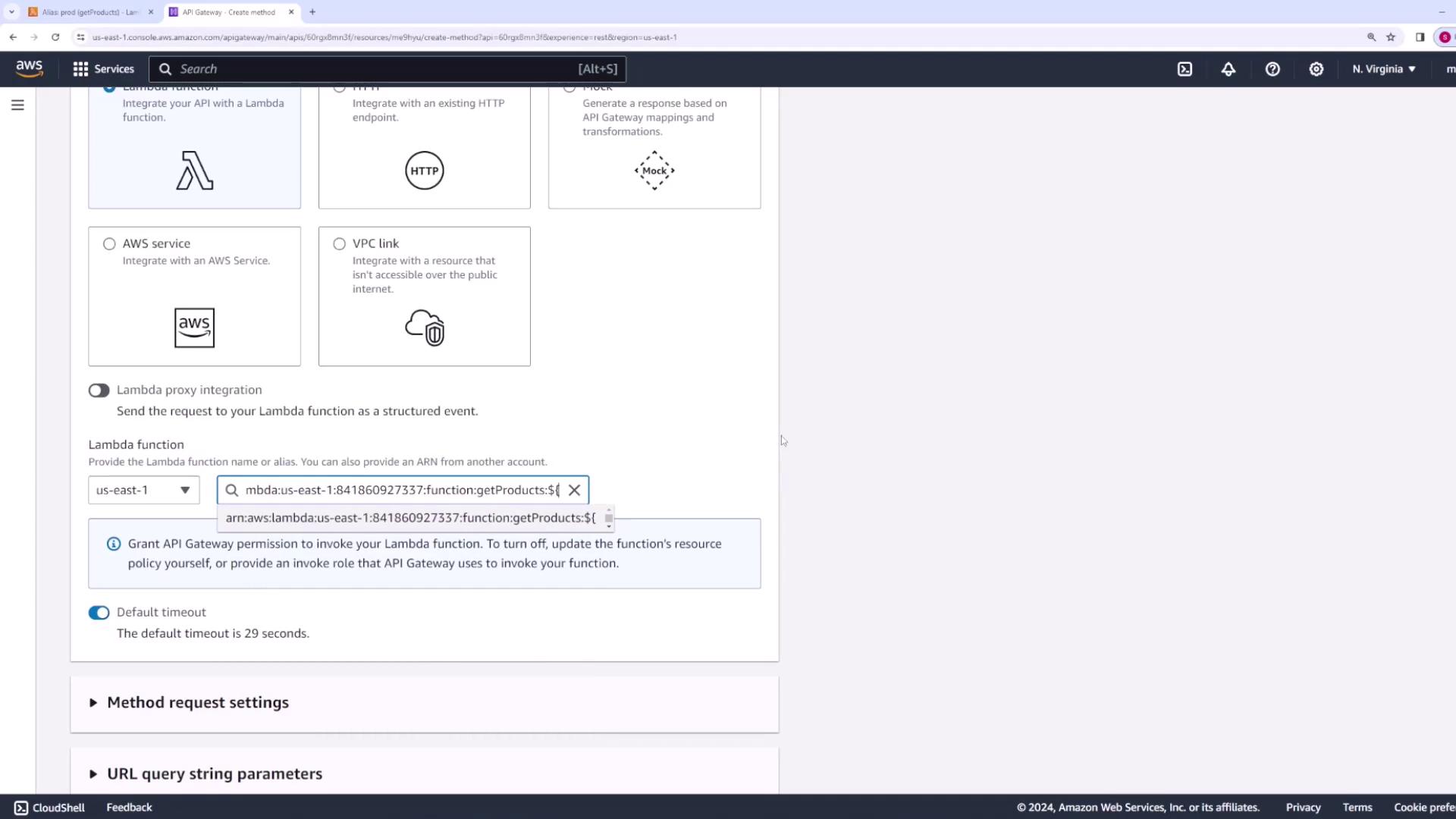 The image shows an AWS API Gateway interface where a Lambda function is being integrated. Various integration options like HTTP, AWS service, and VPC link are visible.