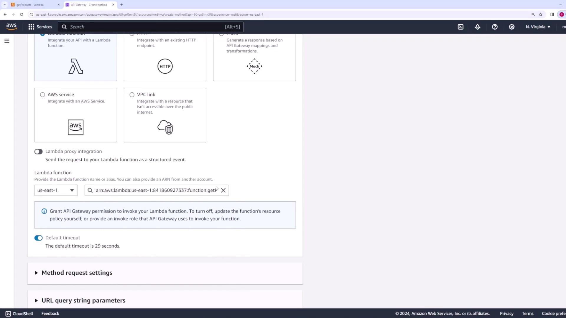 The image shows an AWS API Gateway interface where a user is configuring a method to integrate with a Lambda function. Various integration options like HTTP, AWS service, and VPC link are visible.