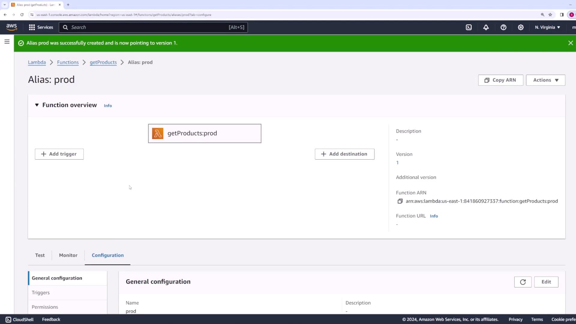 The image shows an AWS Lambda console screen with details of a function alias named "prod" for the function "getProducts." It includes options to add triggers and destinations, and displays the function's ARN and version information.