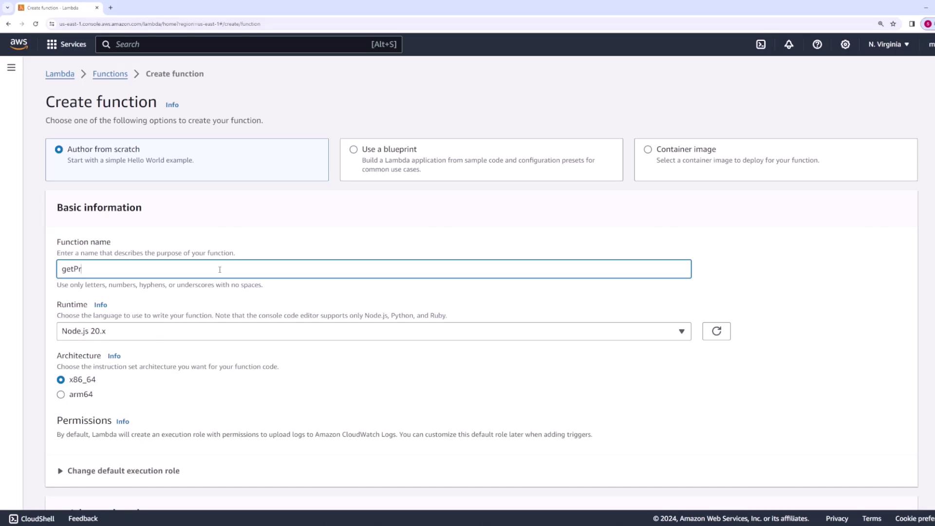 The image shows the AWS Lambda console where a user is creating a new function. The function is named "getPr" with Node.js 20.x selected as the runtime.