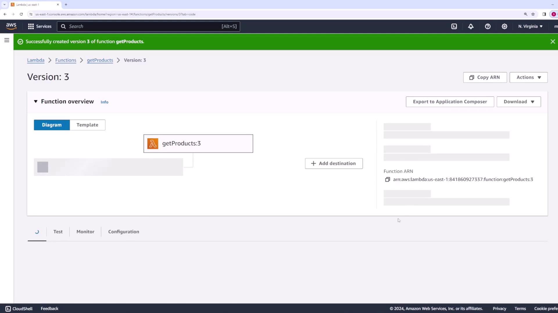 The image shows an AWS Lambda console with a function named "getProducts" at version 3. It includes options for exporting, downloading, and adding destinations, along with a function ARN displayed.