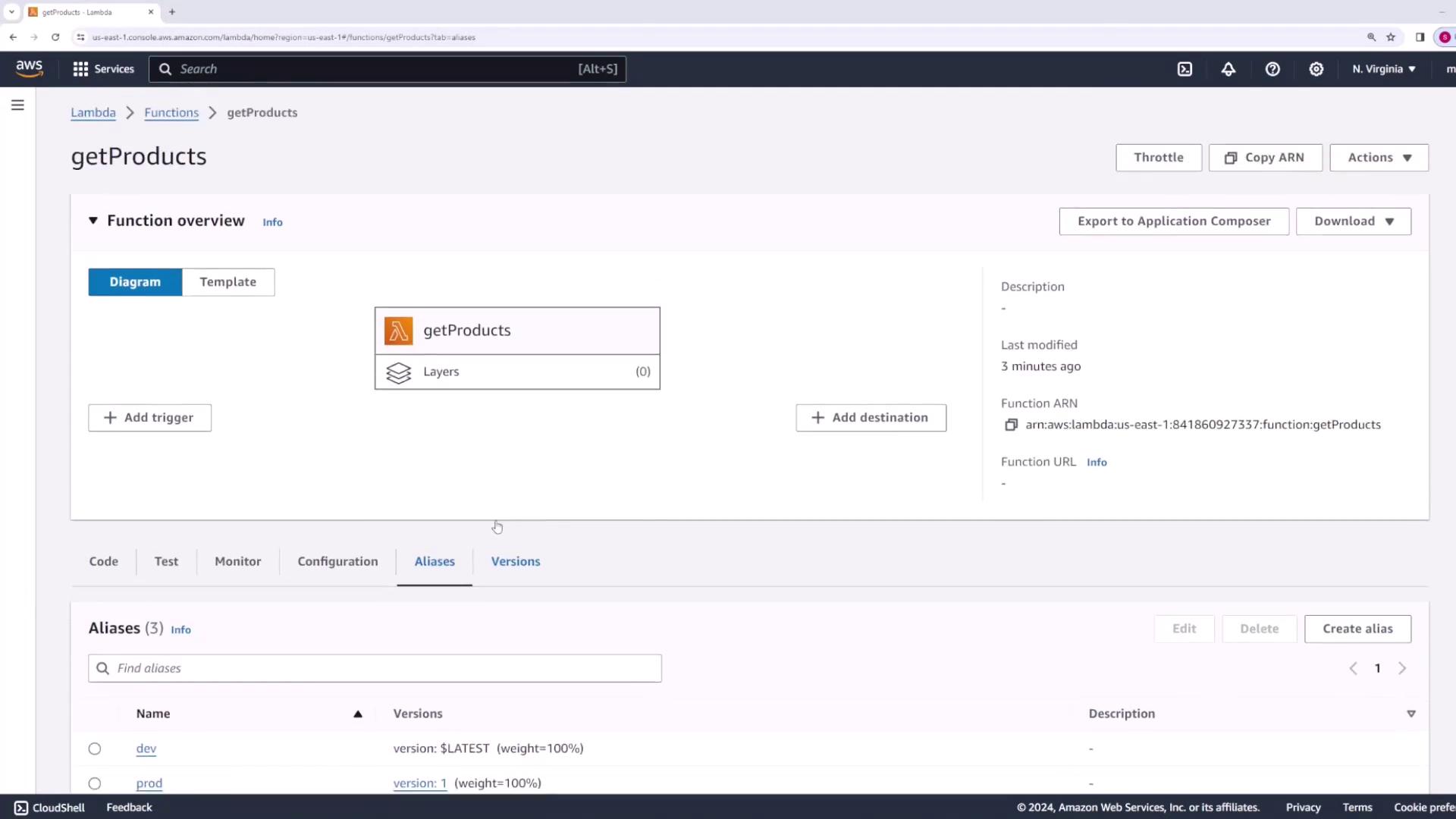 The image shows an AWS Lambda console interface for a function named "getProducts," displaying its overview, configuration options, and aliases.