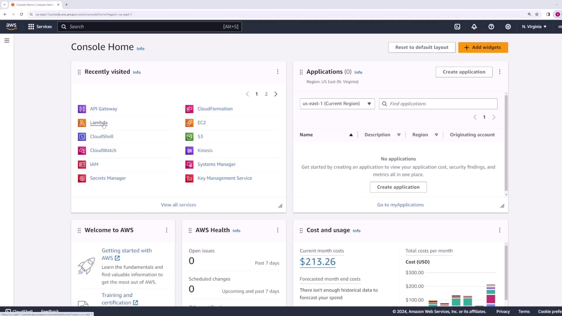 The image shows the AWS Management Console home page, displaying recently visited services, application management, AWS health, and cost and usage information.