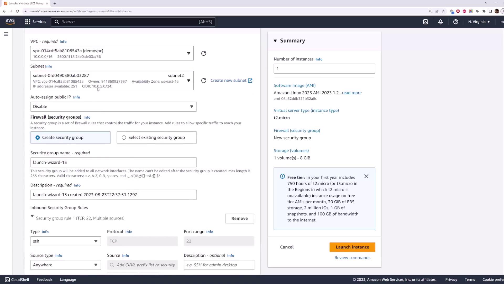 The image shows an AWS EC2 instance launch configuration screen, detailing settings for VPC, subnet, security group, and instance summary.