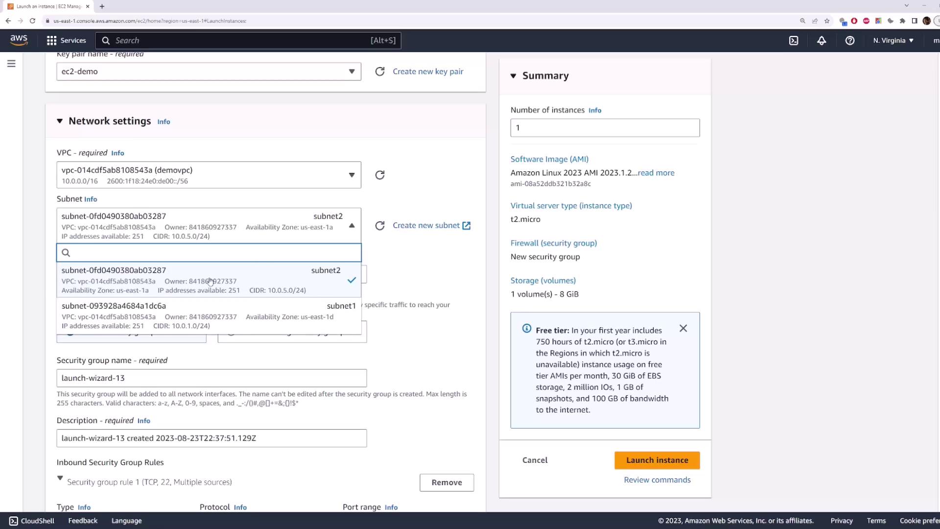 The image shows an AWS EC2 instance launch configuration screen, where network settings and instance details like VPC, subnet, and security group are being selected.