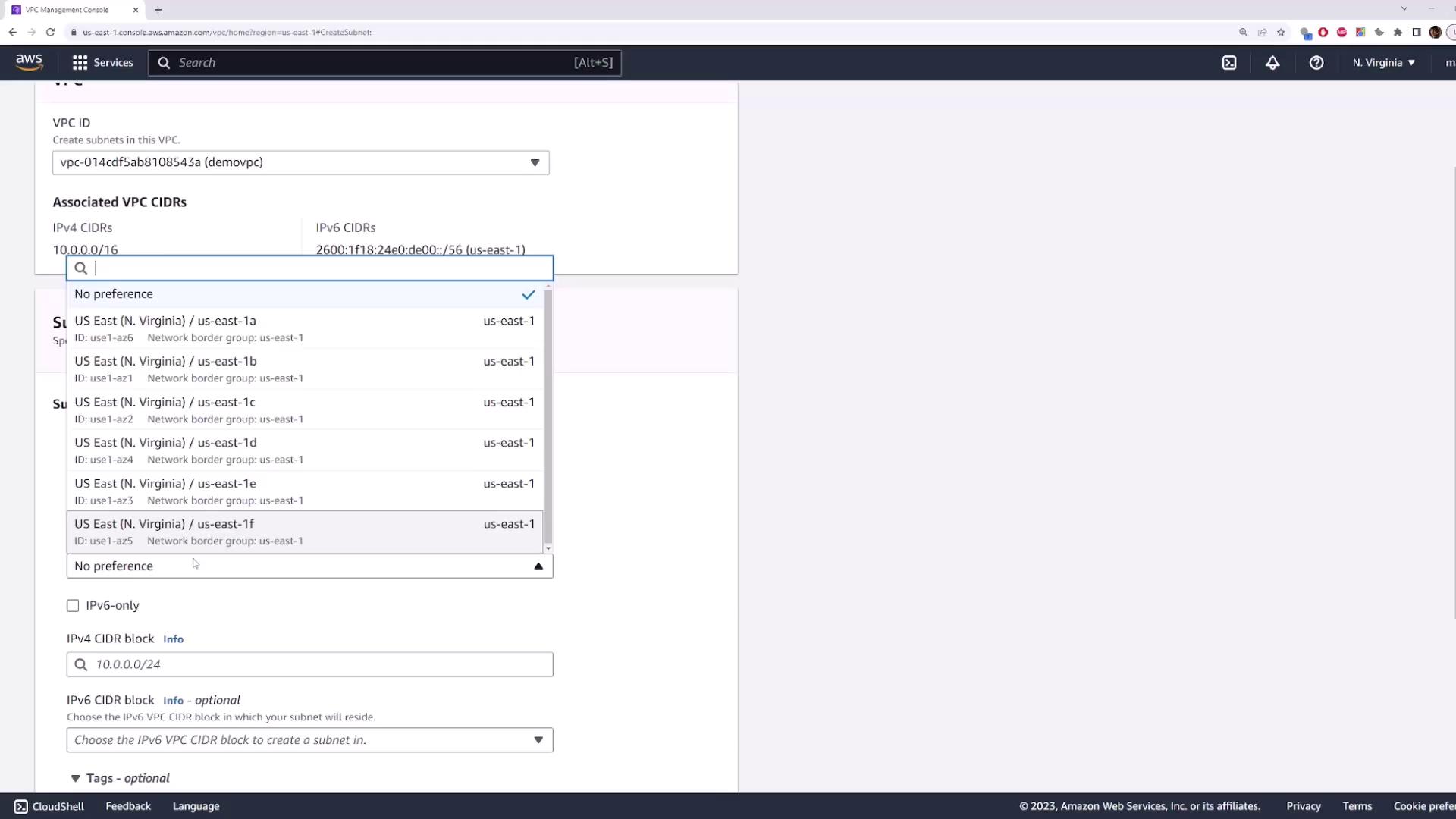 The image shows the AWS Management Console interface for creating a subnet, with options for selecting a VPC ID and availability zones in the US East (N. Virginia) region.