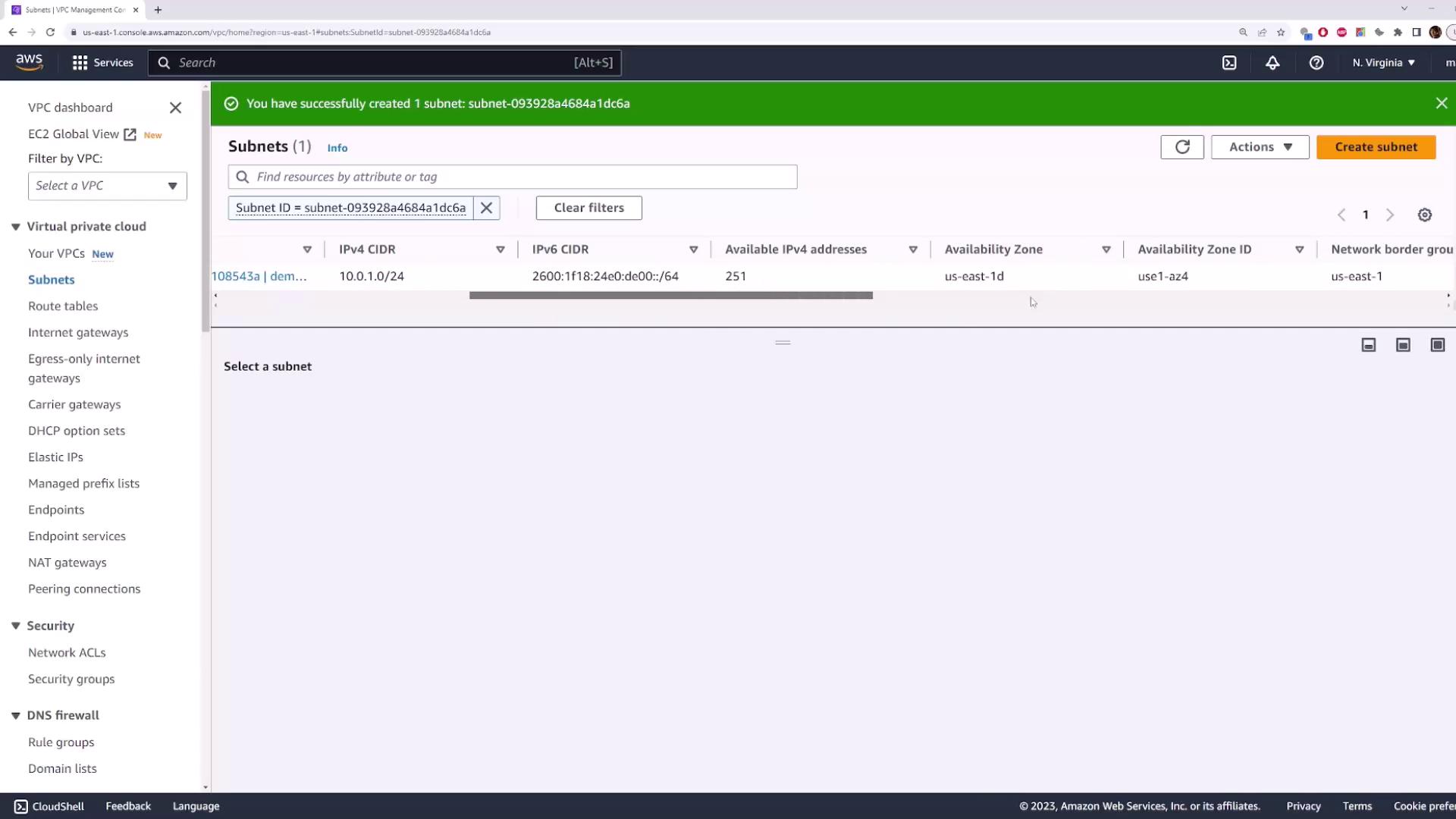 The image shows the AWS Management Console displaying a successfully created subnet within the VPC dashboard. The subnet details, including IPv4 and IPv6 CIDR, are visible.