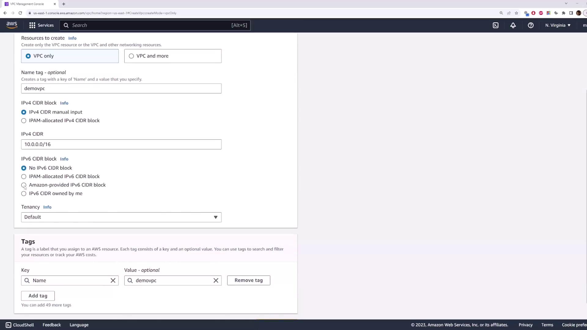 The image shows the AWS Management Console interface for creating a VPC, with options for configuring IPv4 and IPv6 CIDR blocks and adding tags.