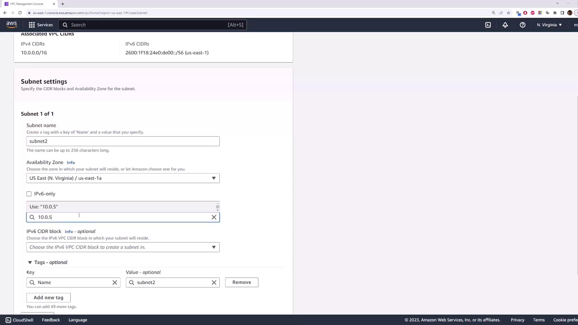The image shows the AWS VPC Management Console, specifically the "Create Subnet" page, where subnet settings such as name, availability zone, and CIDR blocks are being configured.