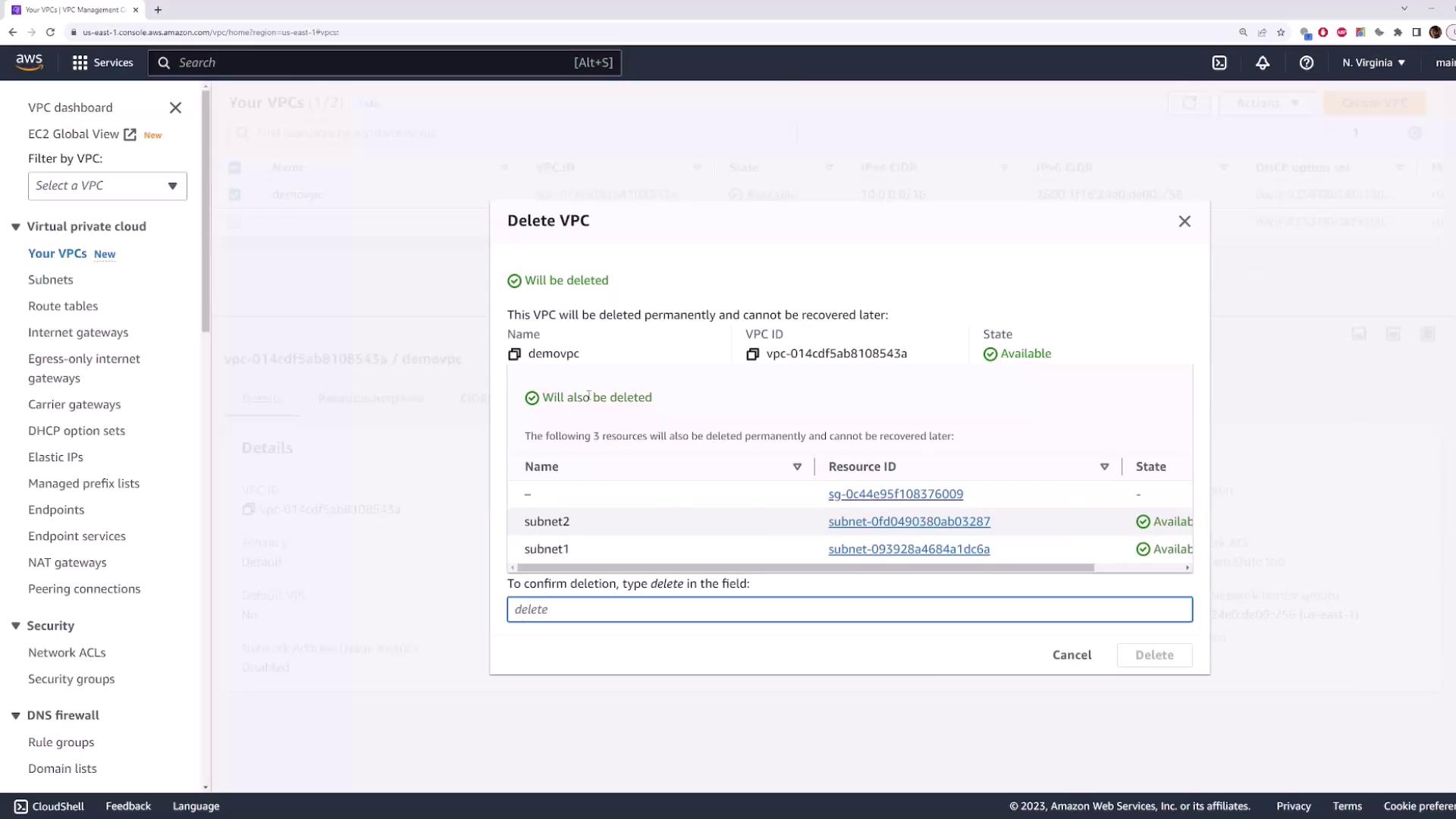 The image shows an AWS VPC Management Console with a "Delete VPC" confirmation dialog. It lists resources that will be deleted, including subnets and a security group, and requires typing "delete" to confirm.