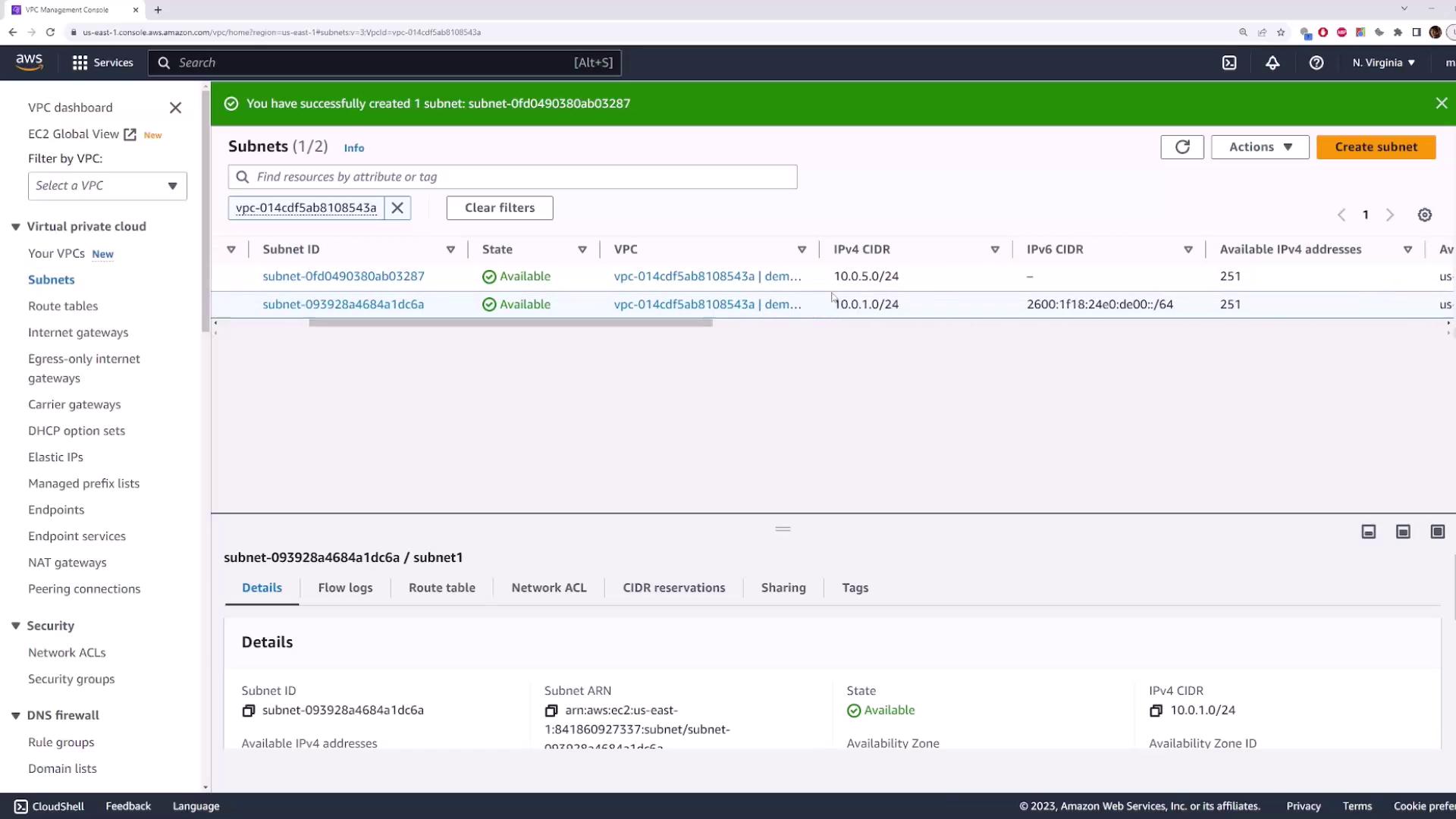 The image shows the AWS VPC Management Console with a list of subnets, indicating their IDs, states, and CIDR blocks. A green notification at the top confirms the successful creation of a subnet.