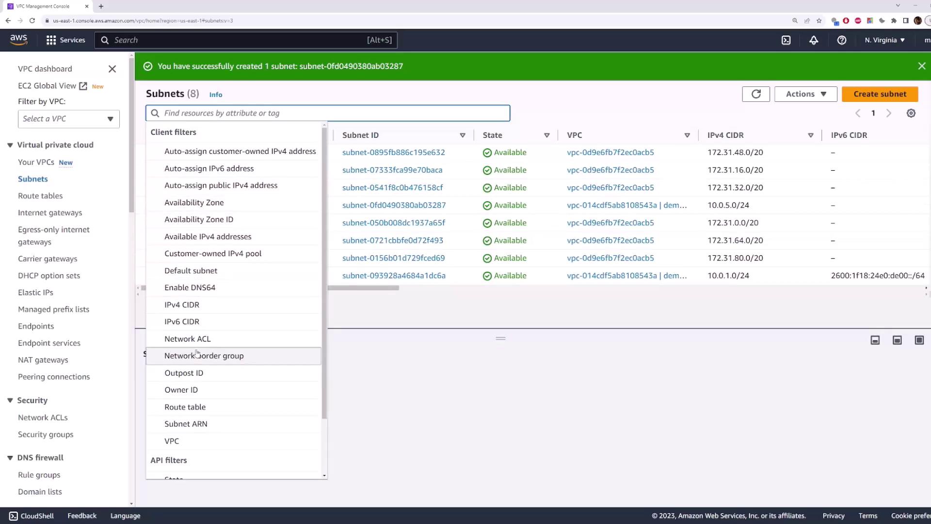 The image shows the AWS VPC Management Console displaying a list of subnets, with details such as Subnet ID, State, VPC, and IP ranges. A notification at the top indicates a subnet was successfully created.