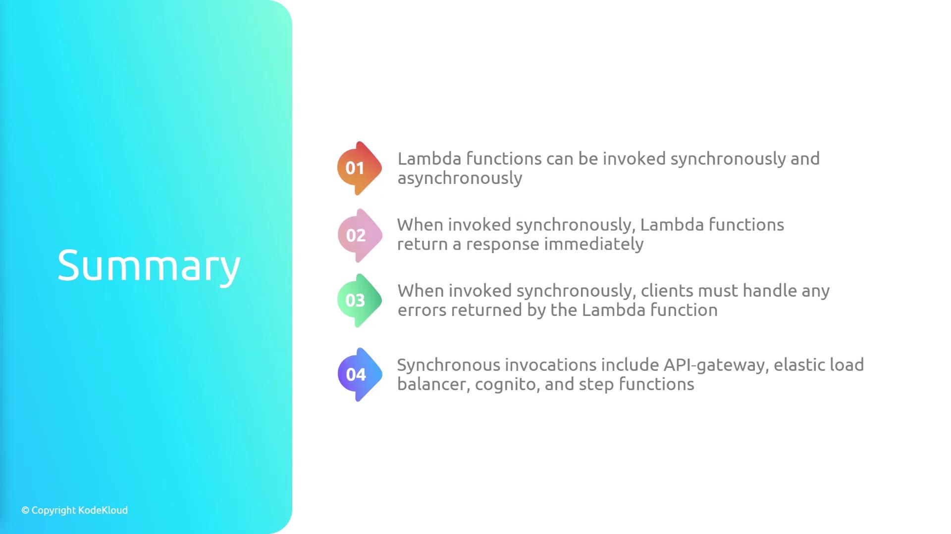 The image is a summary slide about Lambda functions, detailing their synchronous and asynchronous invocation, immediate response, error handling, and examples of synchronous invocations.
