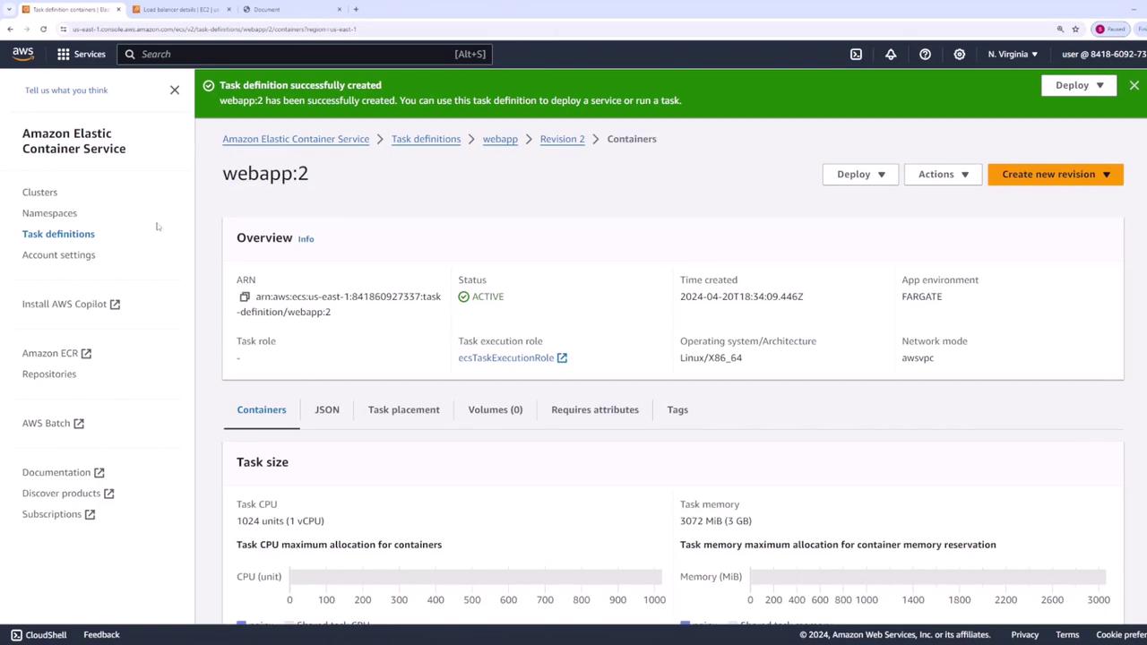 The image shows an Amazon Elastic Container Service (ECS) dashboard with details of a task definition named "webapp:2," indicating its active status and configuration settings like CPU and memory allocation.