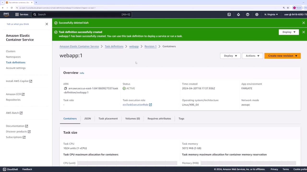 The image displays an Amazon Elastic Container Service (ECS) dashboard with a task definition named "webapp:1" that has been successfully created and is active. It shows details like task size, environment, and execution role.
