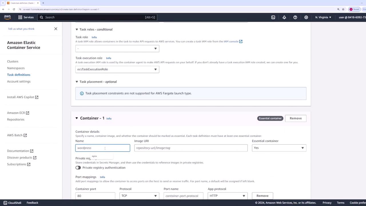 The image shows a screenshot of the Amazon Elastic Container Service (ECS) console, specifically the task definition creation page, where container details such as name, image URI, and port mappings are being configured.