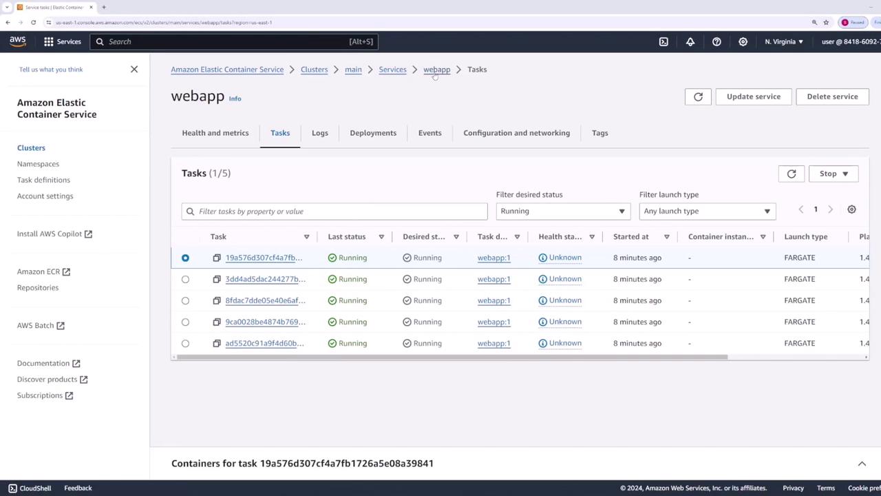 The image shows the Amazon Elastic Container Service (ECS) interface displaying a list of running tasks for a service named "webapp." Each task is running on Fargate with a status of "Running" and a health status of "Unknown."