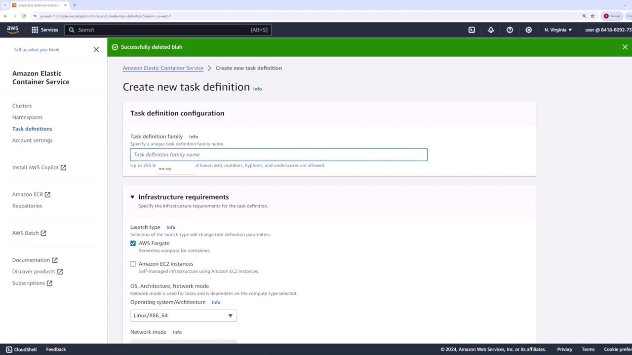 The image shows the AWS Elastic Container Service interface for creating a new task definition, with options for task definition configuration and infrastructure requirements. The interface includes fields for entering a task definition name and selecting launch types like AWS Fargate.