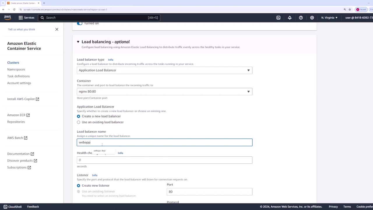 The image shows a configuration screen for setting up load balancing in Amazon Elastic Container Service (ECS), where options for load balancer type, container, and listener settings are being specified.
