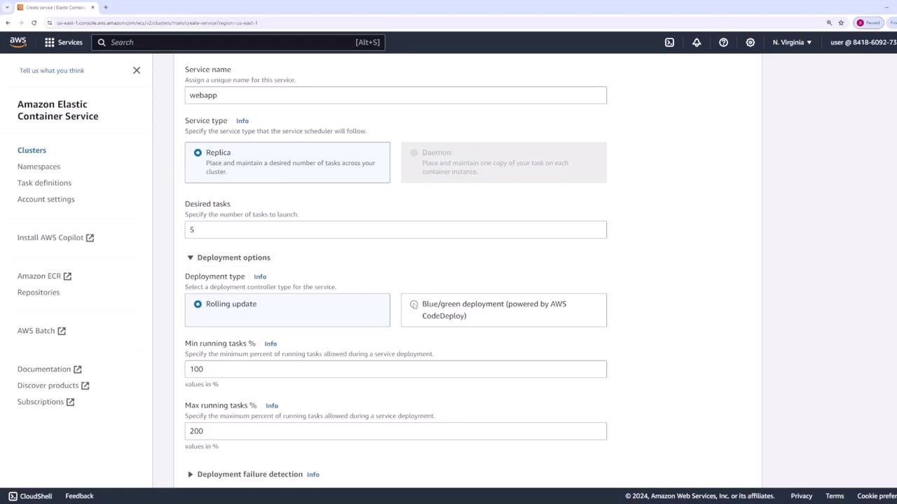 The image shows a configuration page for creating a service in Amazon Elastic Container Service (ECS), with options for service name, type, desired tasks, and deployment settings.
