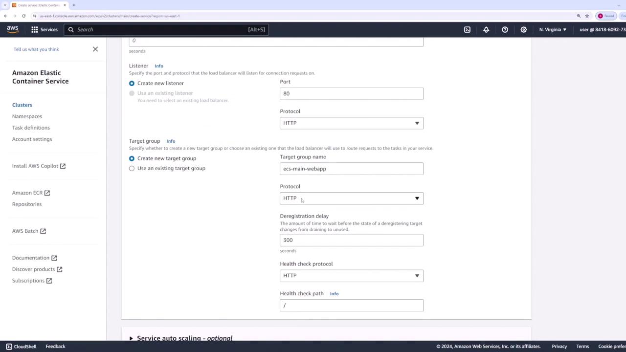 The image shows a configuration screen for creating a service in Amazon Elastic Container Service (ECS), including options for setting up a listener and target group with HTTP protocol.